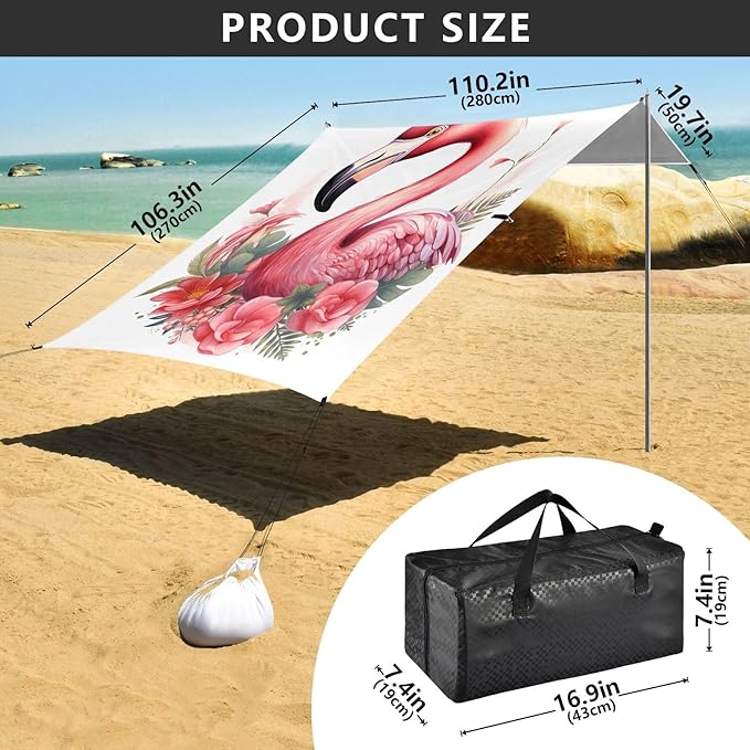 ALAZA Pink Flamingo Watercolor Beach Tent Sun Shelter Portable Canopy Sunshade for Outdoor Camping Picnics Backyard Fun 10x9 ft
