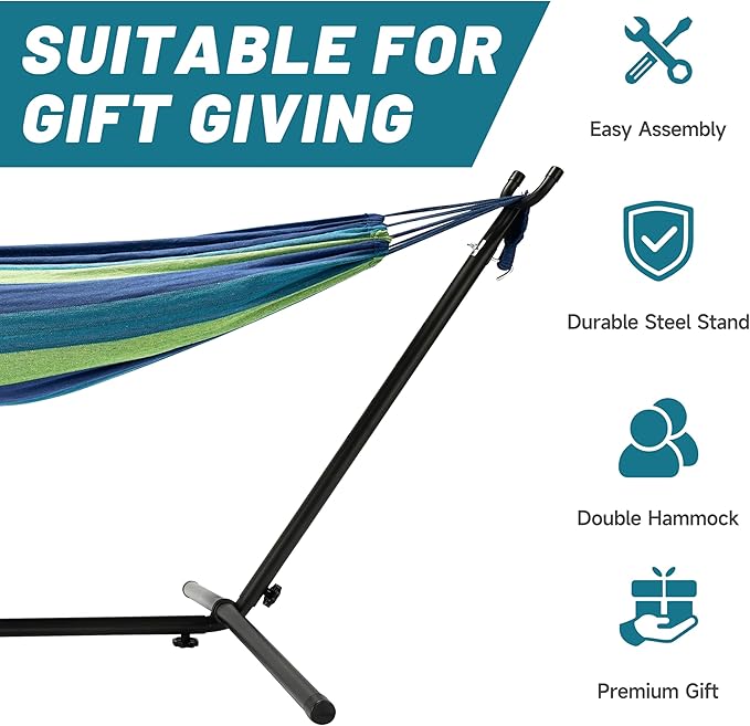 Hammock with Heavy-Duty Steel Stand for OutsideHammocks 450 Lb CapacityPortable Hammock2 People Standing HammocksSuitable for BeachBackyard Gardens Patio Bedroom100 * 40 * 38 Inch (Blue)