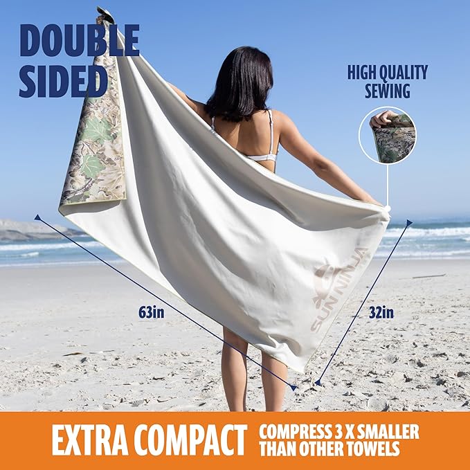 SUN NINJA Portable Shower Bundle 1.3 Gallon with Microfiber Beach Towel Multi-Spray Shower Head Neoprene Cover Keeps Water Warm Quick-Dry &amp Sand-Free Towel Complete Outdoor Cleaning Kit