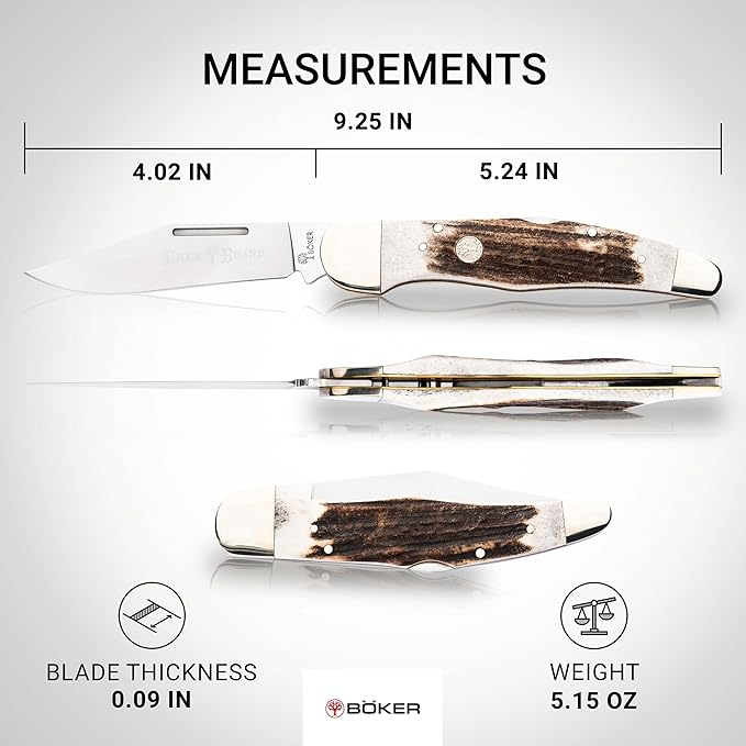 Boker Folding Hunter Single Blade 4.5 Inch Folding Pocket Knife Genuine Stag Handles Traditional Sereis 2.0 Made In Germany