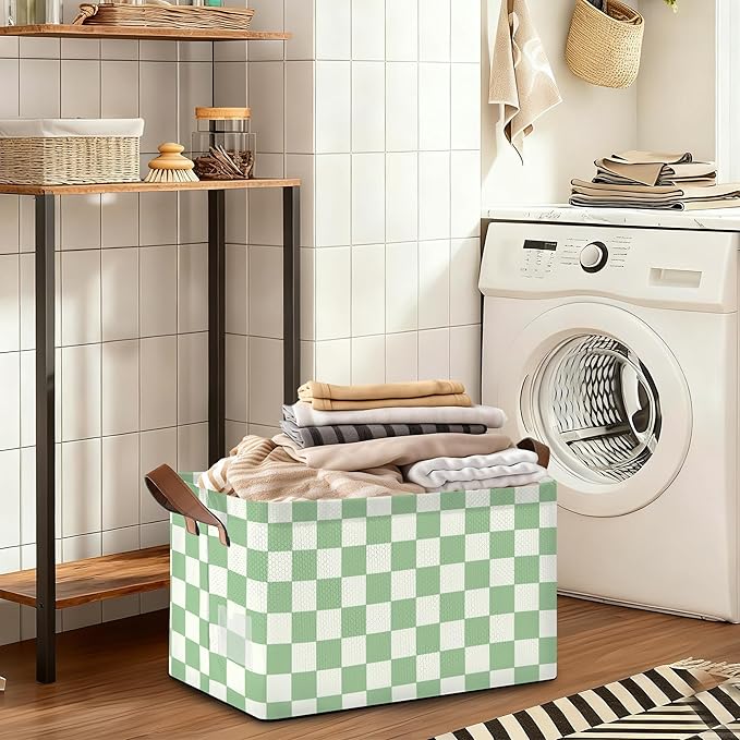 32L Large Storage Bins with Handles Basket Organizer for Shelves Closet Books Laundry &amp Home Decor (Racing Flag Grid)