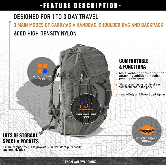 Miramrax Travel Duffle Bag Backpack for Men - Large Tactical Bags Weekender Gym Bag for Overnight Traveling Military Workout Deployment Sports (Green 45L)