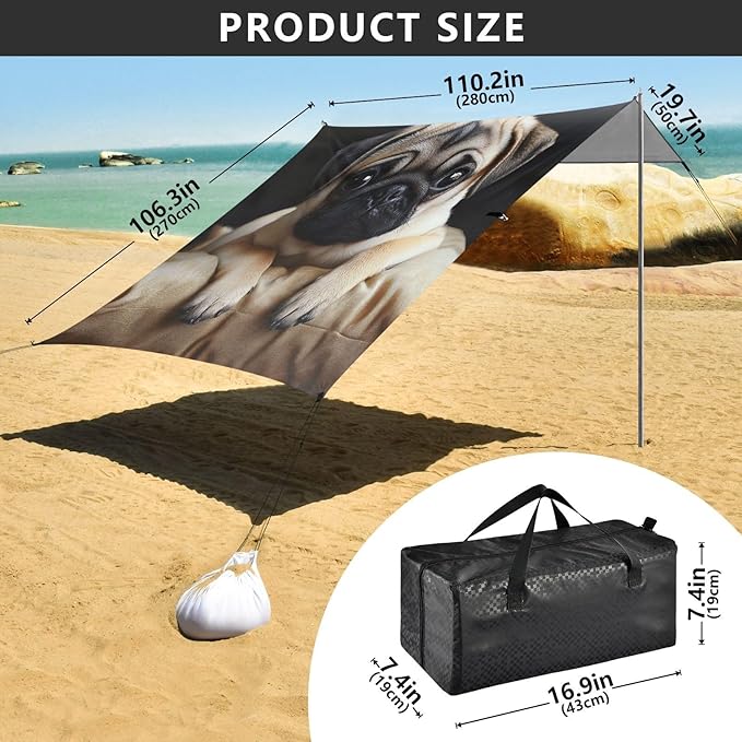 ALAZA Cute Funny Puppy Pug Dog on Black Beach Tent Sun Shelter Portable Canopy Sunshade for Outdoor Camping Picnics Backyard Fun 10x9 ft