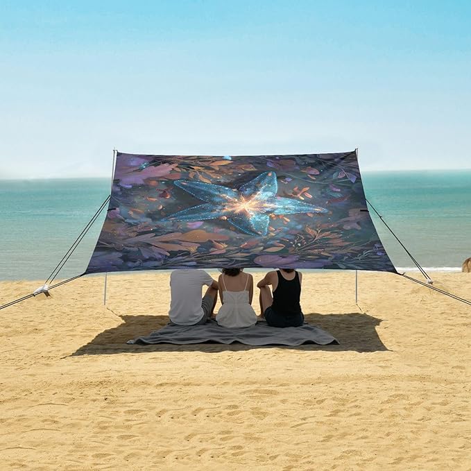 ALAZA Starfish Leaf Beach Tent Sun Shelter UPF50+ Protection Beach Shade Canopy w/ 4 Sandbags for Outdoor Camping Fishing Backyard Fun Picnic 10x9 ft