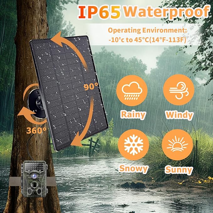 6W Solar Panel for Trail Cameras 6V/9V/12V Solar Battery Charger Kit Built-in 6000mAh Rechargeable Battery Trail Camera Solar Panel IP65 Waterproof Hunting Accessories 5ft Cable