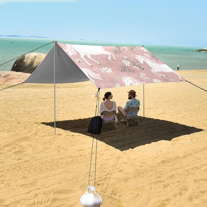 ALAZA White Unicorn Pattern Beach Tent Sun Shelter Portable Canopy Sunshade for Outdoor Camping Picnics Backyard Fun 10x9 ft