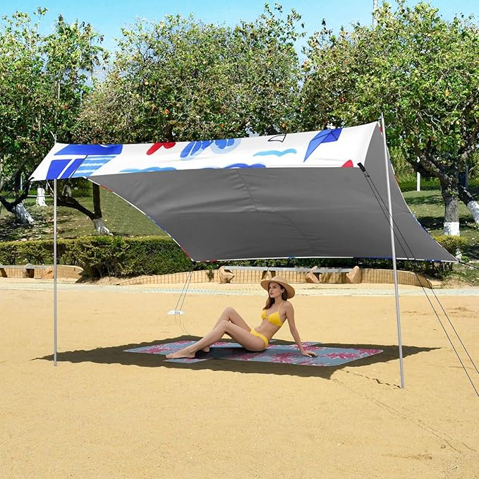 xigua Sailboats Beach Tent Sun Shelter with Carrying Bag - Silver Coated Oxford Fabric Beach Canopy for Beach Camping Fishing - Includes Windproof Ropes Sandbags &amp Stakes