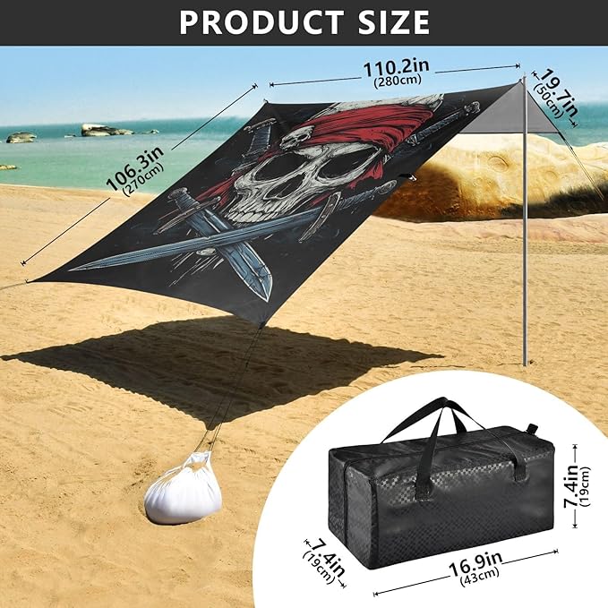 ALAZA Pirate Skull Wearing A Red Bandana with Crossed Swords Beach Tent Sun Shelter Portable Canopy Sunshade for Outdoor Camping Picnics Backyard Fun 10x9 ft