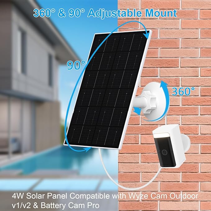 4W Solar Panel for WYZE Camera USB-C &amp Micro USB Adapter 9.8ft Cable IP66 Waterproof 360° Mount Compatible with WYZE Battery Cam Pro Outdoor Cam V1/V2 (1 Pack)