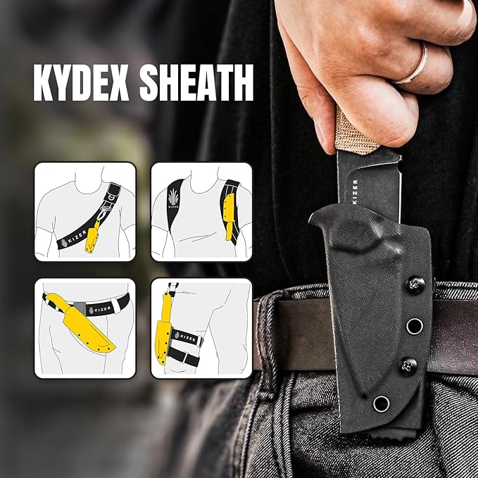 Kizer Beaver Fixed Blade Knife with Sheath 2.75 D2 Steel Blade EDC Fixed Blade Camping Knife with Brown Micarta and Black G10 Handle Small Bushcraft Survival Hunting Knives for Men Women 1078M2