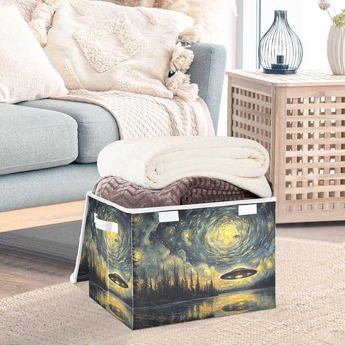 AIXIWAWA Lidded Storage Cube (Art Painting Ufo) Fabric Foldable Closet Bins with Flip Lid and Handles Organizer Basket Container 16.5 x 12.6 x 11.8 IN