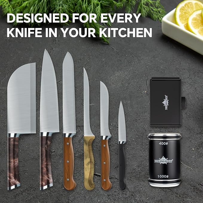 The Innovative Knife Sharpener - Patented Multi-Angle Premium Rolling Knife Sharpener with Extra Replacement Head for Chef's Fruit and All Steel Knives (Black)