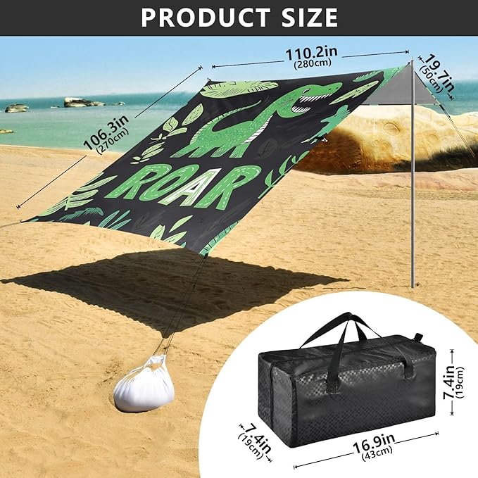 Dinosaurs Leaves Beach Tent UPF50+ Waterproof Sun Shelter with Sandbags and Shovel for Camping Fishing Backyard Fun