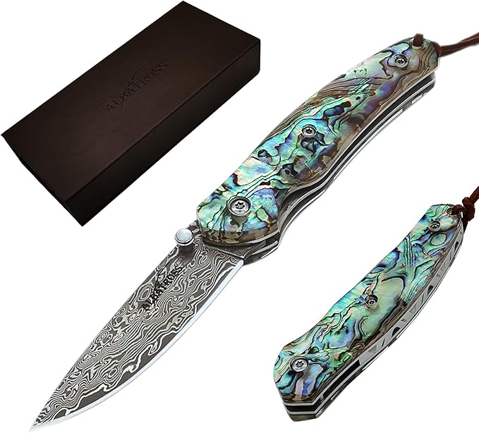 Father's Day Mother's Day &amp Birthday Gift for Him Her - ALBATROSS Folding Pocket Knife - 6.5 Damascus Steel Blade with Abalone Seashell Handle Handcrafted 71-Layer Modern Knife with Liner Lock