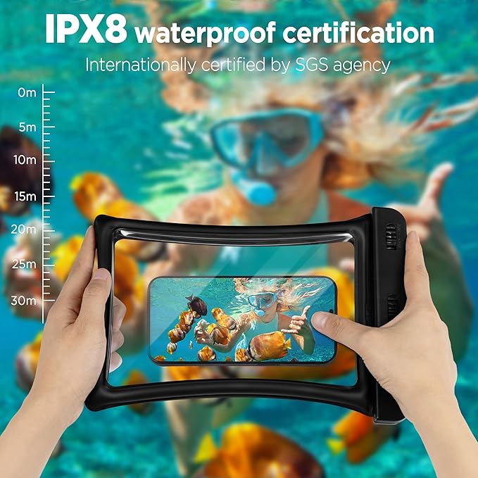 CACOE [Floatable Floating Universal IPX8 Waterproof Phone case 2 Pack-Up to 10.0Adjustable Lanyard Phone PouchCellphone Dry Bags for Vacation Beach Pool Kayak Cruise Travel Essentials（Black+Black）