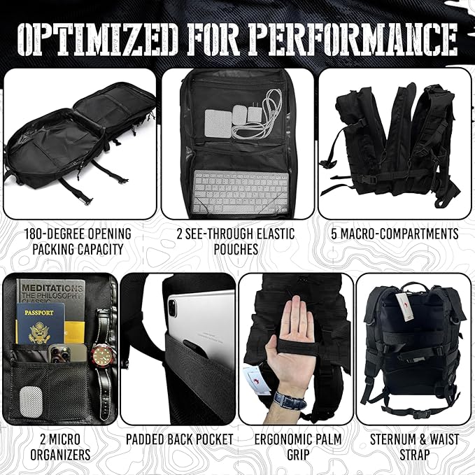 AMERICANPHOENIX 45L Elite Tactical Backpack | 3X Stronger Work &amp Military Backpack | Water Resistant and Heavy Duty | 3 Day MOLLE Bug Out Bag (Carbon Black)
