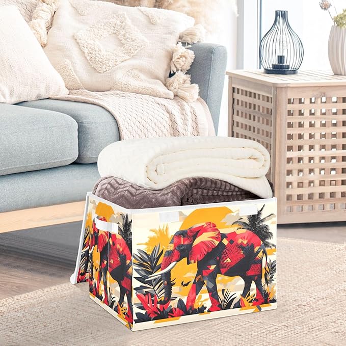 AIXIWAWA Lidded Storage Cube (Art Elephant) Fabric Foldable Closet Bins with Flip Lid and Handles Organizer Basket Container 16.5 x 12.6 x 11.8 IN