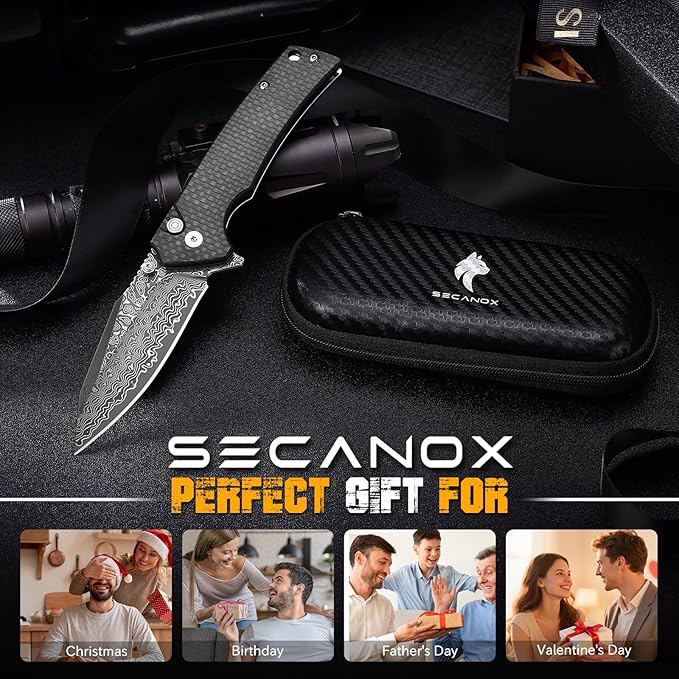 Damascus Pocket Knife for Men 3.35 Sharp Damascus Steel Blade Folding Knives Carbon-Faced G10 Handle EDC Knifes for Camping Hiking Collection