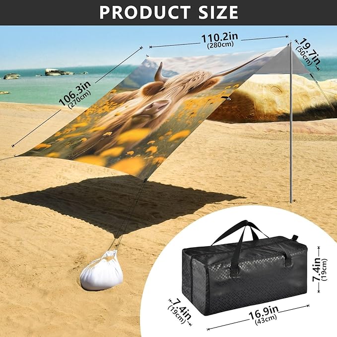 ALAZA Cattle in Field Beach Tent Sun Shelter UPF50+ Protection Beach Shade Canopy w/ 4 Sandbags for Outdoor Camping Fishing Backyard Fun Picnic 10x9 ft