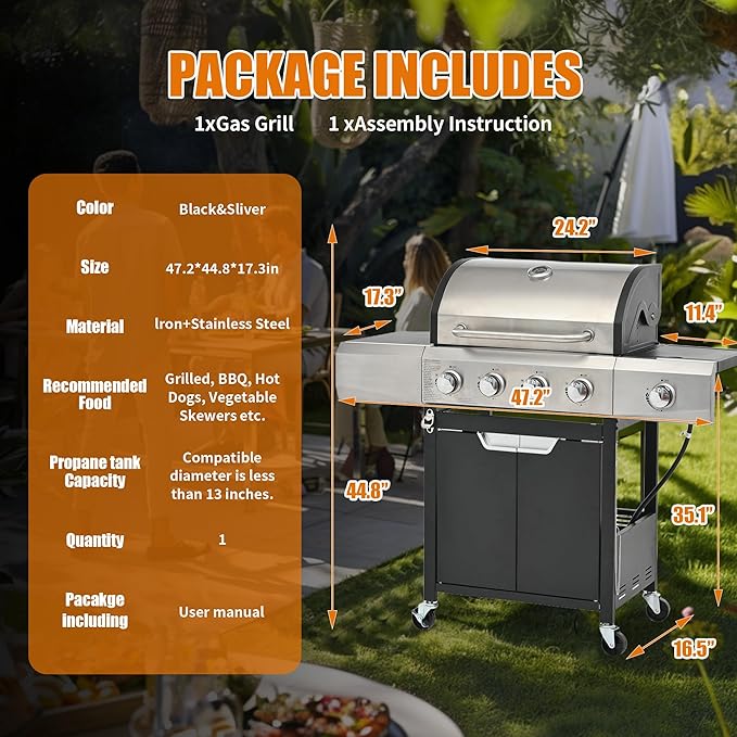 Livavege Outdoor BBQ Grill 4-Burner Propane Gas Grill with Side Burner &amp Cast Iron Grates - Stainless Steel 46700 Btu Barbecue Grills for Patio Cooking Kitchen Backyard Garden (4+1)