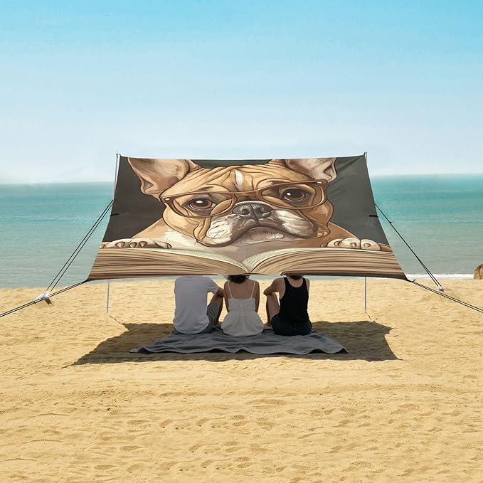 ALAZA French Bulldog Book Read Beach Tent Sun Shelter Portable Canopy Sunshade for Outdoor Camping Picnics Backyard Fun 10x9 ft