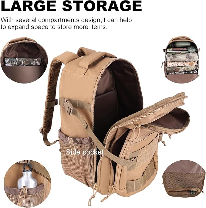 Tactical Hiking Backpack with 180° Open Design Molle Webbing Padded Laptop Compartment Lightweight for Outdoor Adventures (tan)