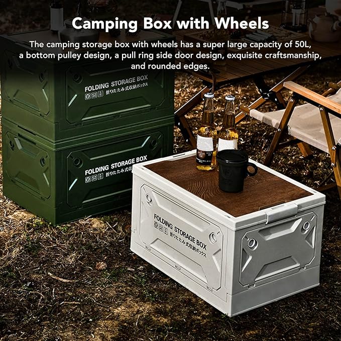 Folding Camping Storage Box with Wooden Lid Storage Bin Container with Wheels for Car Camping Picnic
