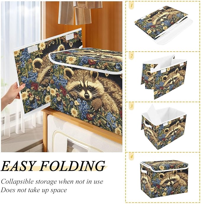 Storage Cube with Lid Raccoon with Floral Print 16.5×12.6×11.8 IN Collapsible Large Capacity Foldable Storage Basket Bin Organizer
