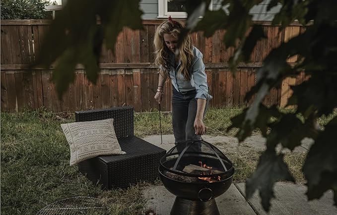 GasOne 22 in Round Outdoor Fire Pit - Wood Burning With Mesh Lid and Fire Picker - Durable Alloy Steel for Outside - Small for Backyard Porch Deck Camping BBQ