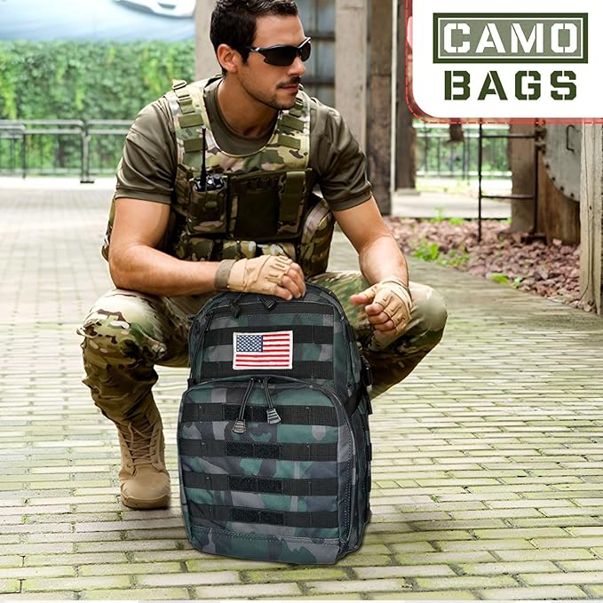 Camo Tactical Daypack Backpack - 1000D Polyester Tactical Backpack with Multi Compartments Air-Mesh Padded Back Side Compression &amp Adjustable Shoulder Straps - Travel Backpack Use for Outdoor &a