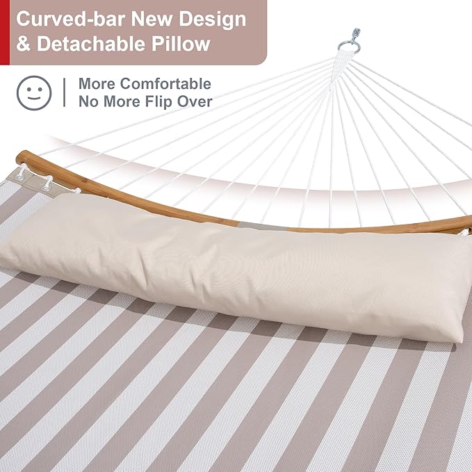 Double Hammock with Stand for Outside Quick Dry Hammock with Curved Spreader Bars Pillow and Carrying Bag 450 Lbs Capacity Light Brown Stripe