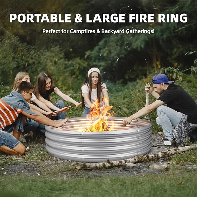 60 Inch Fire Pit Ring for Outside 5FT Diameter Wood Burning Fire Ring Large Round Galvanized Steel Fire Pit Metal Outdoor Fireplace for Backyard Patio Camping Bonfire (Silver)