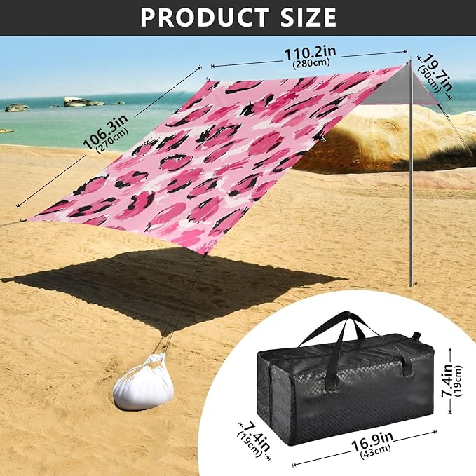 ALAZA Pink Leopard Animal Print Beach Tent Sun Shelter Portable Canopy Sunshade for Outdoor Camping Picnics Backyard Fun 10x9 ft