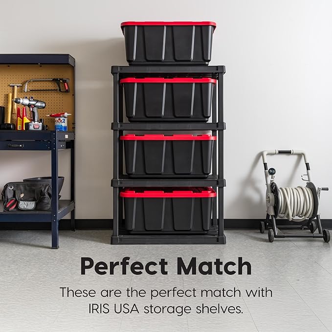 IRIS USA 4-Pack 27 Gallon Storage Bins with Lids |Made in USA| Heavy Duty Plastic Tote Containers for Truckbed Tool Box Organization Large - Red