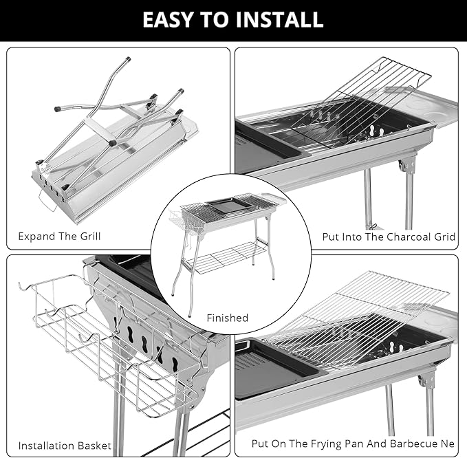LEADZM Stainless Steel Barbecue Grill BBQ Charcoal Foldable &amp Portable Grill Great for Outdoor Cooking Camping Hiking Picnics Tailgating Silver 39.3×12.2×27.9