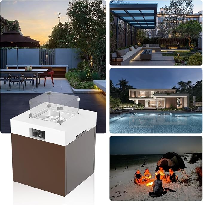 22 Aluminum Propane Fire Pit Table 37000 BTU Outdoor Gas Firepit with Lid Glass Wind Guard Waterproof Cover &amp Glass Stones for Patio Deck Garden 3-in-1 Tabletop Design Brown