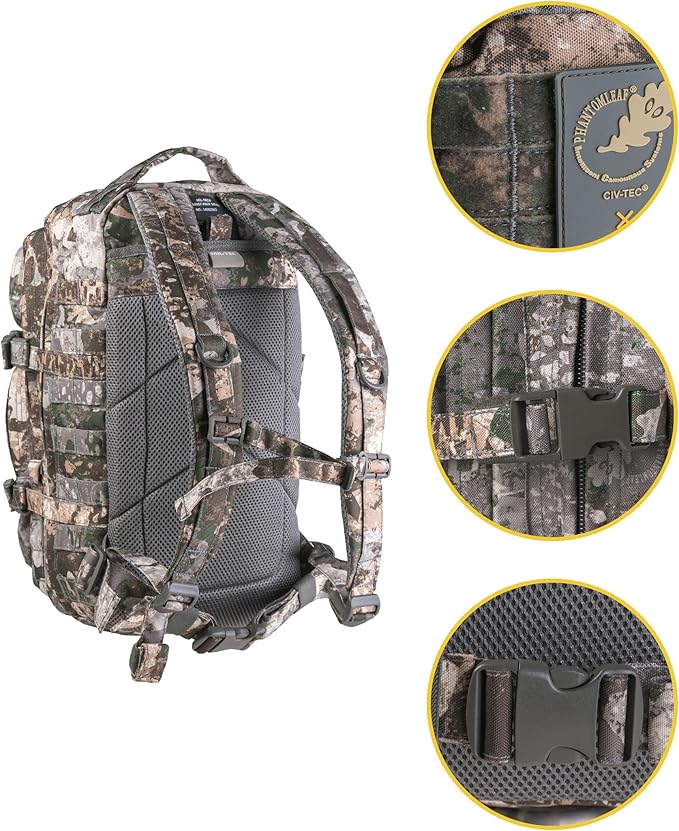 Mil-Tec Unisex Assault Pack - Rugged Durable Lightweight Ergonomic Versatile Tactical Outdoor Camping Hiking Backpack with Adjustable Padded Shoulder Straps &amp MOLLE Loops Phantomleaf WASP I Z1B