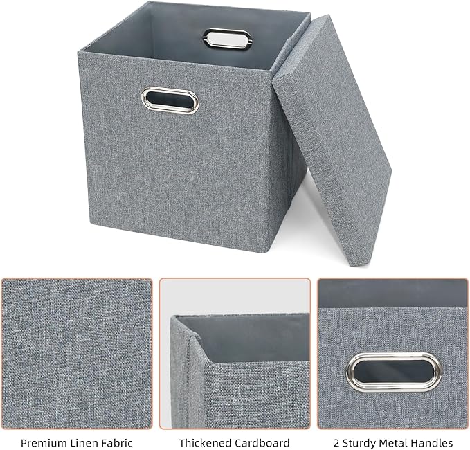 Storage Bins with Lids Collapsible Linen Fabric Boxes Organizer Containers with Lid Foldable Storage Box Basket for Closet Shelves Home Office 12 x 12 x 12.4 Inch 4 Pack Dark Gray