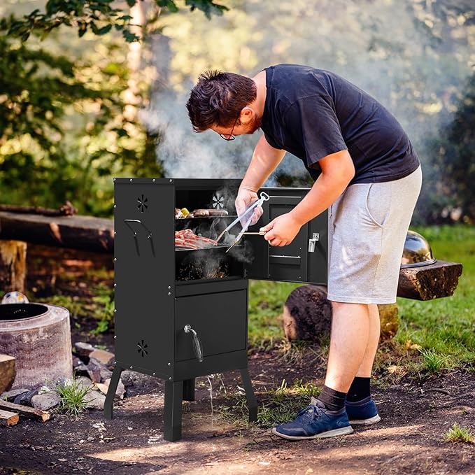 40 Vertical Steel Charcoal Smoker GrillHeavy Duty BBQ GrillsOutdoor Camping Backyard Barbecue GrillMetal Barbecue Smokerswith Thermometerfor Patio Garden Beach Porch Lawn Yard (Black)