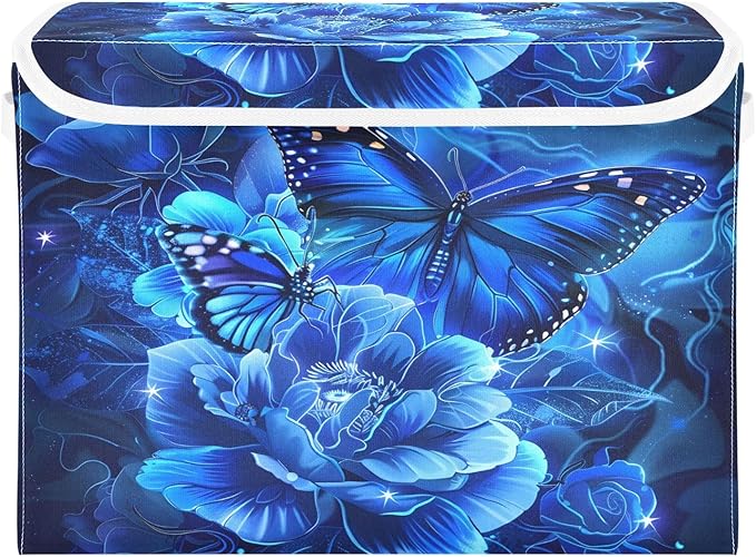 MNSRUU Containers Baskets with Lids Blue Rose Butterfly Fabric Foldable Storage Bins Organizer with Lid Collapsible Storage Boxes for Home Bedroom Closet Office
