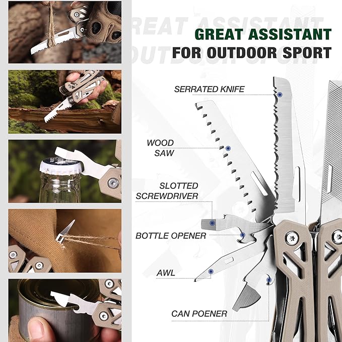 MOSSY OAK Multitool 22-in-1 Stainless Steel Pliers with Screwdriver Sleeve Desert Steel Handle Self-locking Knife with Sheath-Perfect for Outdoor Survival Camping Hiking Simple Repair