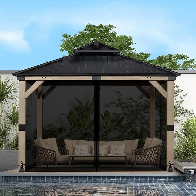 BPS 10' x 10' Gazebo Universal Mosquito Netting Screen Replacement 4-Panel Mesh Screen Walls with Double Zippers for Outdoor Patio Khaki (Mosquito Net Only)