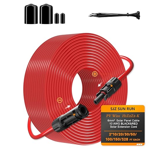 Solar Extension Cable 10AWG 6mm² 328FT PV Panels Wire 10Gauge Adaptor Cables with Female &amp Male Waterproof Connectors for Outdoors Marine Photovoltaic 328Ft (100m) Red