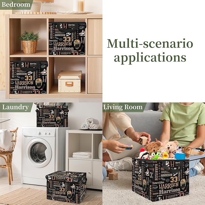 Ice Hockey Custom Storage Bins with Lid Foldable Fabric Personalized Storage Basket Box with Handle Storage Organizer Container for Home Bedroom Closet