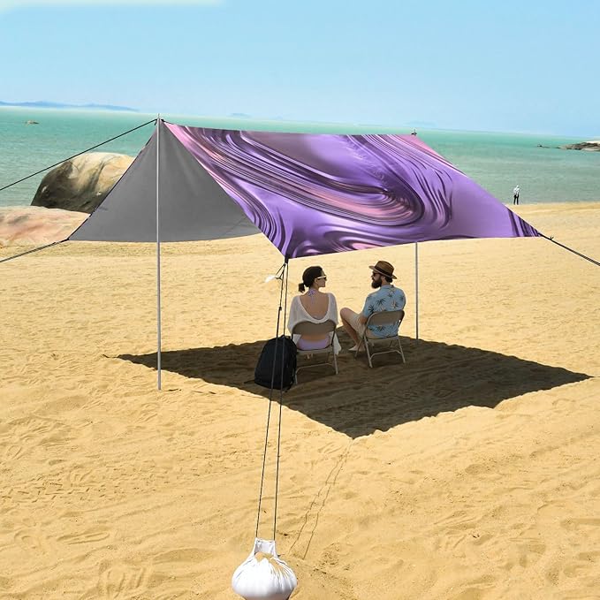 xigua Purple Texture Beach Tent Sun Shelter with Carrying Bag - Silver Coated Oxford Fabric Beach Canopy for Beach Camping Fishing - Includes Windproof Ropes Sandbags &amp Stakes