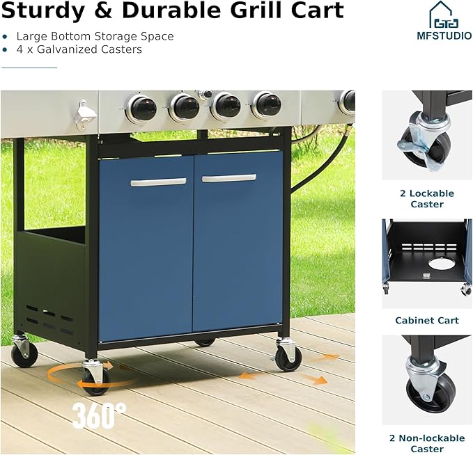 MFSTUDIO 4 Burner BBQ Gas Grill with Side Burner Propane Grills with Porcelain-Enameled Cast Iron Grates 42000 BTU for Outdoor Backyard Barbecue Cooking Blue