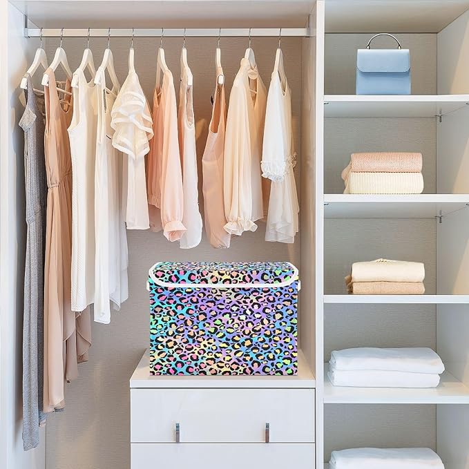 Holographic Leopard Print on Gradient Storage Container with Lid Stackable Tote Storage Bins for Organizing for Home