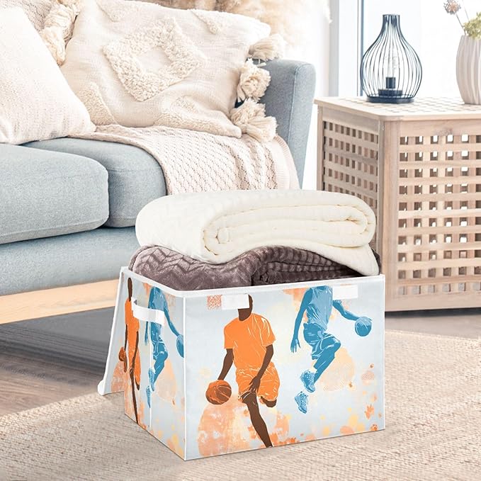 Orange Blue Basketball Players Splash Storage Box with Lid 1 PC Foldable Storage Bin with Lids Stackable Storage Bins Cube Closet Organizer Basket with Flip-Top Lid &amp Handles for Shoes Books Towel