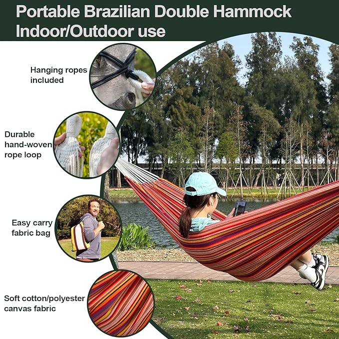 JoyView Brazilian Double Hammock with Hanging Ropes Extra Large 86.6x59” Portable Cotton Hammock for Patio Backyard Porch 450LBS Weight Capacity Perfect for Outdoor/Indoor - Blue &amp White Stripes
