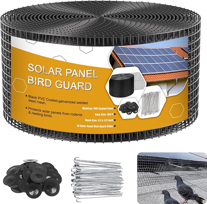 Solar Panel Bird Guard8in x 100ft Critter Guard Galvanized PVC Coated Mesh Roll KitBlack Pigeon Solar Panel Mesh with 70 Fastener Clips ½ inch Wire Critter Guard for Solar Panels
